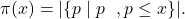 \[\pi(x) = |\{ p \mid p ~ \text{मूळ संख्या}, p\leq x \}|.\]